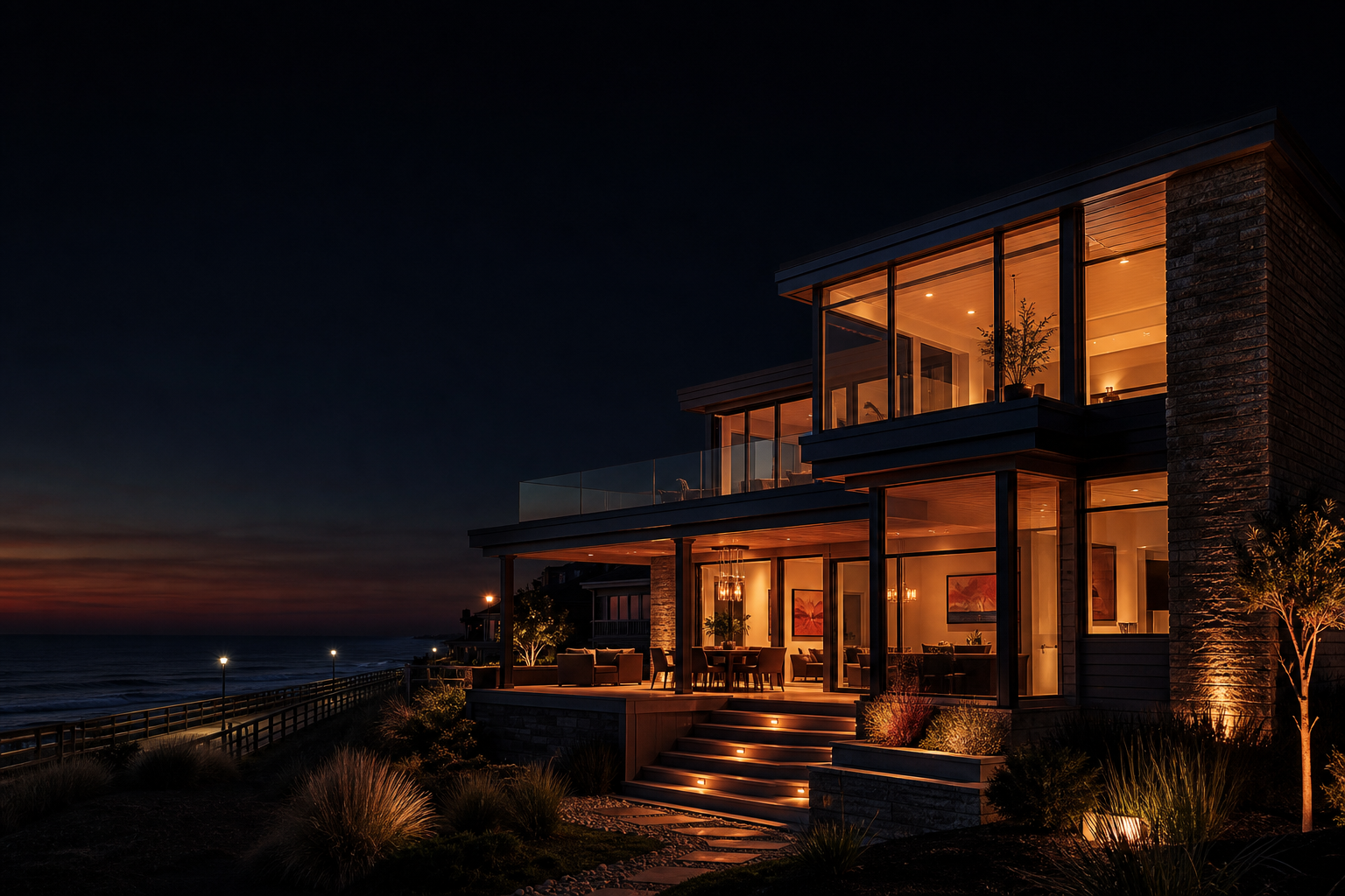 New-construction luxury shore home in Asbury Park at twilight, warm interior lights glowing against a dark blue evening sky