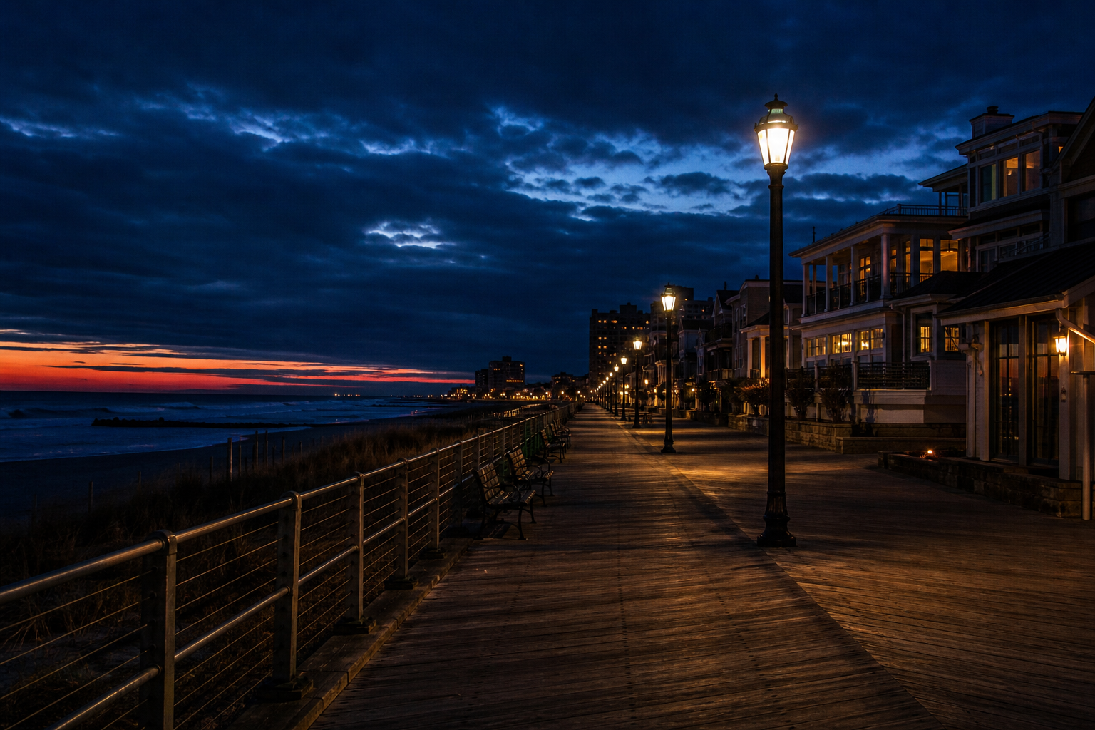 The Asbury Park boardwalk and shoreline at golden hour, a short walk from the homes